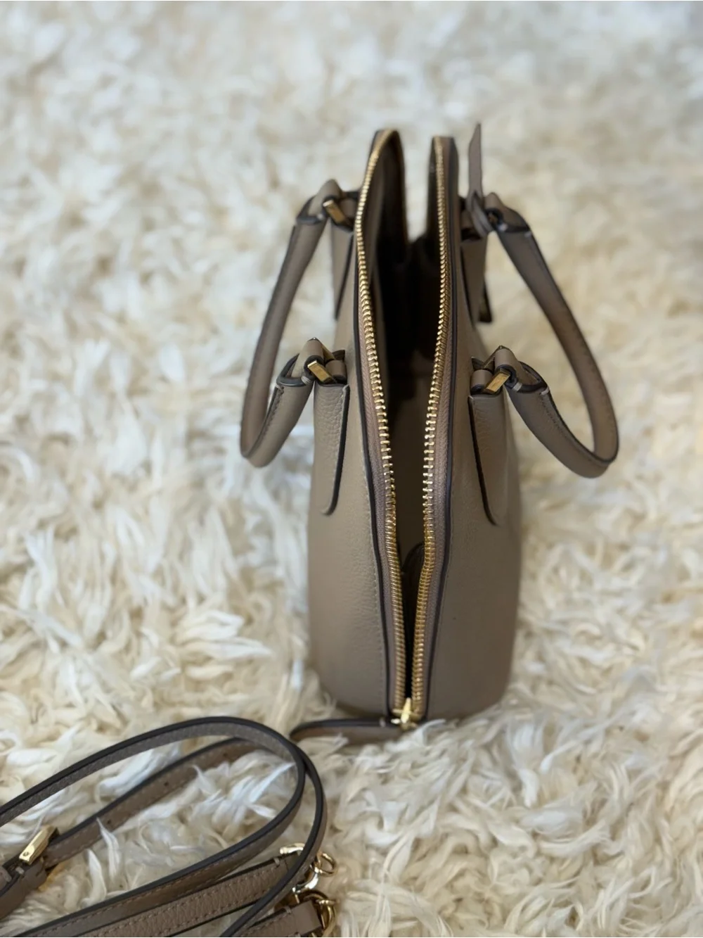 Tory Burch Taupe Pebbled Leather Dome Satchel Crossbody